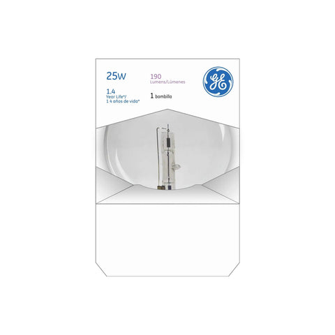 Box of Crystal Clear G25 Globe Light Bulb 25 Watt Medium Base for Vanity And Pendant Fixtures, showing bulb inside