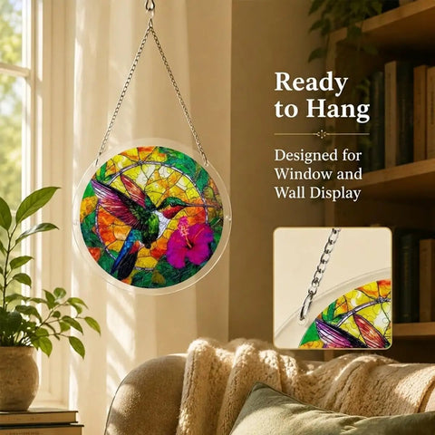 Colorful 83 Piece Little Bird Suncatcher Puzzle Kit hanging by window, features UV printed acrylic, 7.4 inches, rainbow projection.
