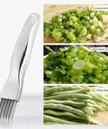 Side view of UGpine scallion cutter with stainless steel blade; chops scallions, onions, and beans.