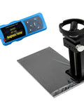 Handy Portable Surface Roughness Tester With Lifting Platform For Accurate Ra Rz Rq Rt Rp Rv R3z R3y RzJIS Rsk Rku Rsm Rmr Rx ISO DIN ANSI JIS Standards 128x64 OLED Display 100 Data Storage Handheld Or Desktop Measurement, blue handheld unit with black lifting platform