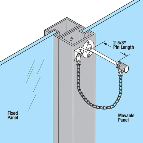 Illustration showing installation of Sliding Patio Door Lock Pin 3/16 x 2-5/8 Inches, Steel Pin With Retaining Ring, Chrome Plated Finish.