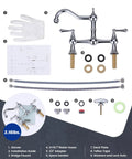 Chrome Bridge Kitchen Faucet With 8 Inch Centerset Solid Brass Construction 2 Or 3 Hole Sink Compatible Two Handle Classic Heritage Design Heavy Duty High Arc Spout Rust Resistant Deck Plate Included Modern Home Style with components