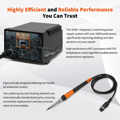 939D Plus Digital Soldering Station With 100W PID Temperature Control kit with soldering iron and box displayed