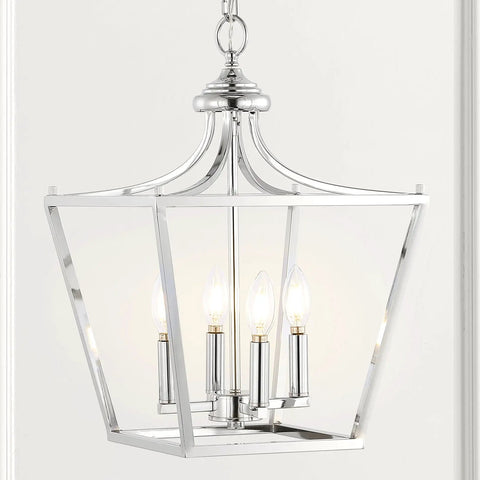Chrome 13 Inch 4 Light Pendant Lantern With Adjustable Chain For Kitchen Island Foyer And Entryway Modern Farmhouse Vibe Ceiling Light LED Bulbs Included
