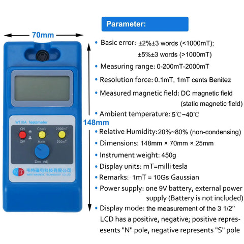 Handheld Surface Magnetic Field Gaussmeter With Ns Function And Metal Probe, Tesla Meter showing dimensions and specs