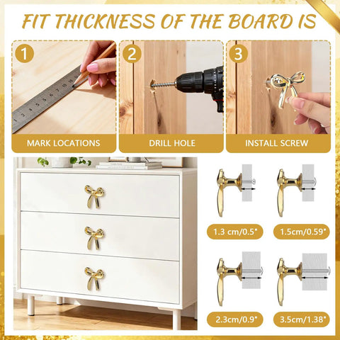 Gold Bow Dresser Knobs 4 Pack Zinc Alloy Cabinet Hardware Brushed Brass Drawer Pulls For Kitchen Cabinets And Bedroom Decor Dope Vintage Style Upgrade, gold bow knob on white dresser, 1.38 in screw fit