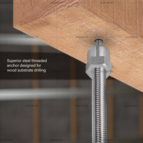 Pro Grade Wood Screw Swivel Threaded Rod Anchor For Wood, installed in wood joist, 20 3/8 Inch, Steel Electro Zinc Coating