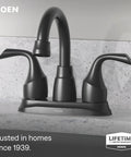 Top Shelf Matte Black Two Handle Centerset Bathroom Sink Faucet With Premium Drain Assembly For Quick Four Inch Setup solid design.