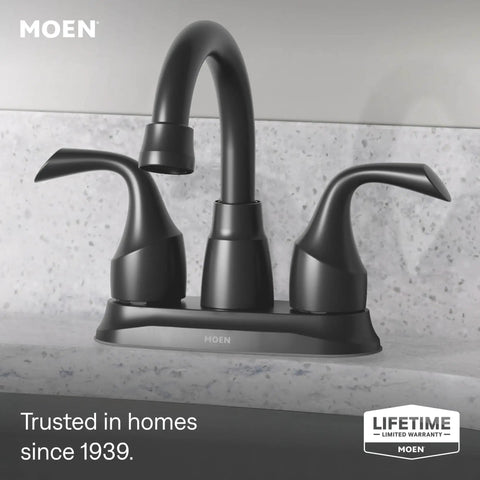 Top Shelf Matte Black Two Handle Centerset Bathroom Sink Faucet With Premium Drain Assembly For Quick Four Inch Setup solid design.
