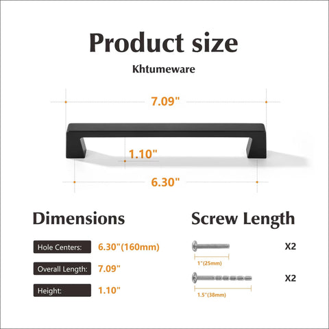 2 Pack Matte Black Kitchen Cabinet Handles Center To Center 6.3 Inch 160mm Length 7.1 Inch 180mm Width Diagram