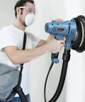Person using Heavy-Duty Electric Drywall Sander 800W Foldable Wall Sander With Dual LED Lights, 800 To 1800 RPM, Dust-Free Automatic Vacuum System
