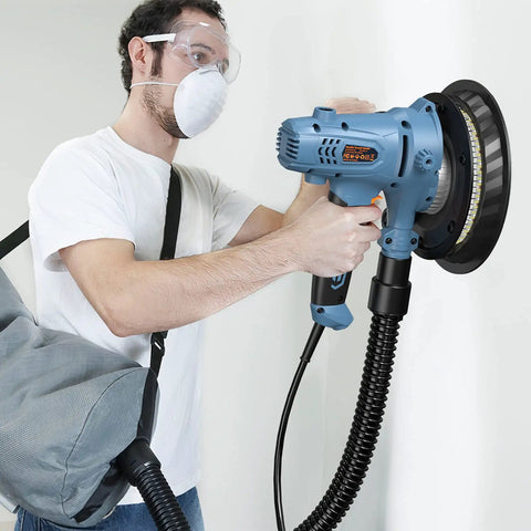 Person using Heavy-Duty Electric Drywall Sander 800W Foldable Wall Sander With Dual LED Lights, 800 To 1800 RPM, Dust-Free Automatic Vacuum System