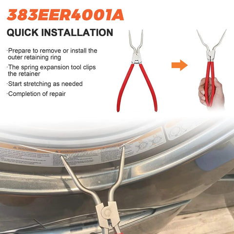 Beaquicy 383EER4001A tub spring expansion tool with red handles; used in LG/Samsung washer to spread tub springs.