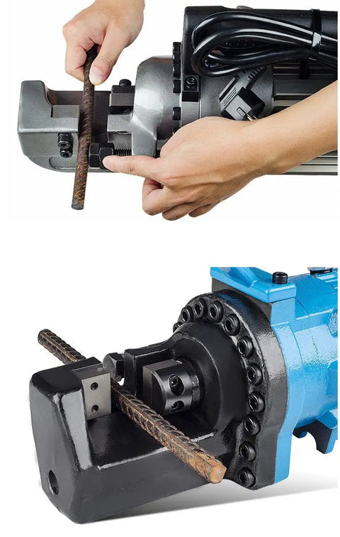 Portable Hydraulic Rebar Cutter 4-20mm Electric Steel Rope Cutting Tool in action with hands adjusting rebar for construction onsite