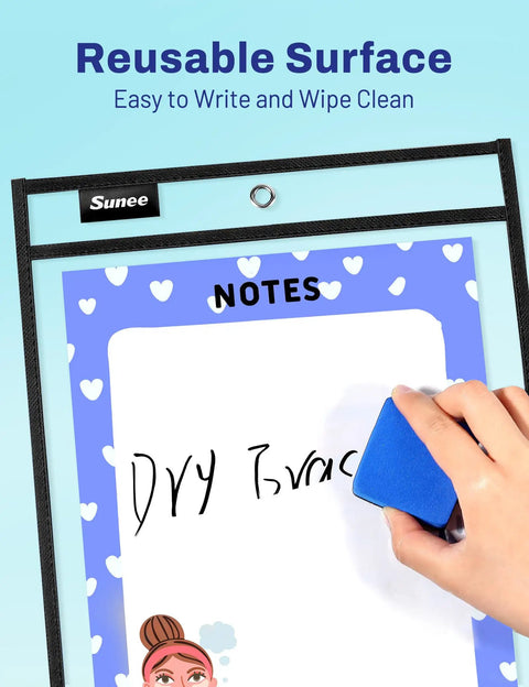 Hand erasing text on oversized dry erase pocket with rings, reusable surface shown. Product focus: Oversized Dry Erase Pockets With Rings Pack of 30 for Reusable Worksheets, Clear Sheet Protectors and Black 10x14 Ticket Holders, Easy Insertion for 8.5x11 and 9x12 Papers, Classroom Favorite for Teachers.