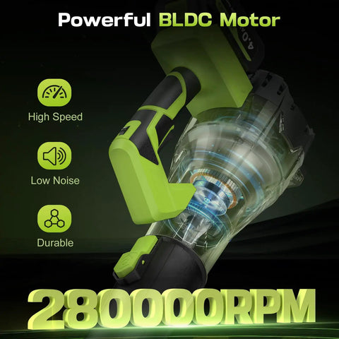 Beast Mode Cordless Leaf Blower 650 CFM 288 MPH With 2 X 4.0Ah Batteries 6 Speed 20V Handheld showing powerful BLDC motor at 280000 RPM