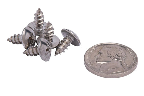 Heavy Duty Truss Head Wood Screws With Phillips Drive Made From 18 8 Stainless Steel next to a quarter for scale.