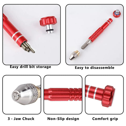 Precision Pin Vise Hand Drill With 3 Jaw Chuck, Adjustable Chuck, Aluminum Alloy Build, Red Handle, Handy Compact Fine Detail Craft Drill For Jewelry, Model Making, Electronics And Hobby Projects showing 3-jaw chuck, storage, and grip