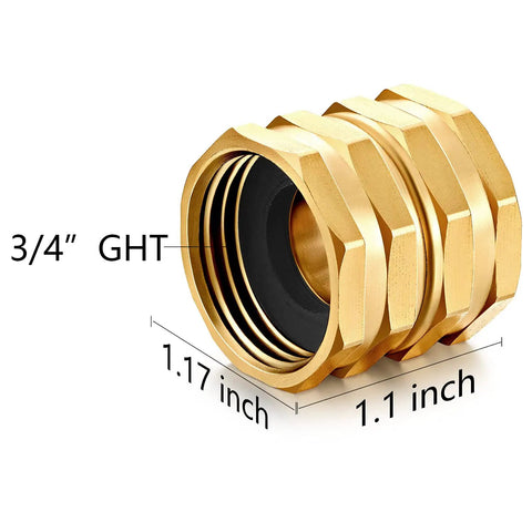 Garden Hose Adapter Set 3/4 Inch Brass GHT Double Female Swivel Connectors, view of brass adapter with measurements