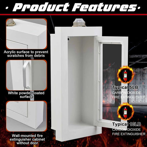Recessed 10 Pound Fire Extinguisher Cabinet With Alarm, white steel, magnetic door, clear window, for 2.5/5/10 lb extinguishers