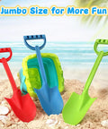 16 Inch Jumbo Beach Sand Shovel Set For Kids And Adults with three colorful shovels and bucket on beach sand
