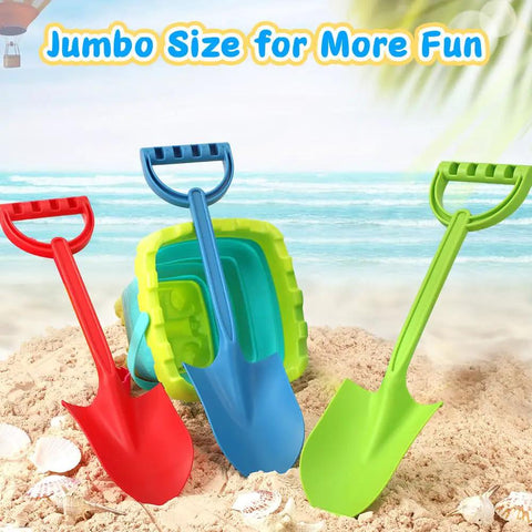 16 Inch Jumbo Beach Sand Shovel Set For Kids And Adults with three colorful shovels and bucket on beach sand