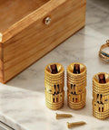 Brass Cabinet Hinges Set With Drill Bit For Easy Hidden Mounting, 10mm Barrel, 180 Degree Opening beside a wooden drawer