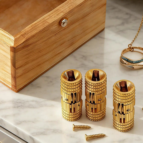 Brass Cabinet Hinges Set With Drill Bit For Easy Hidden Mounting, 10mm Barrel, 180 Degree Opening beside a wooden drawer