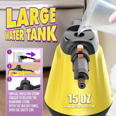 No Stress Deep Clean Handheld Steam Cleaner With 1200 Watt Fast Heat and Ten Tough Attachments, large water tank and filling process.
