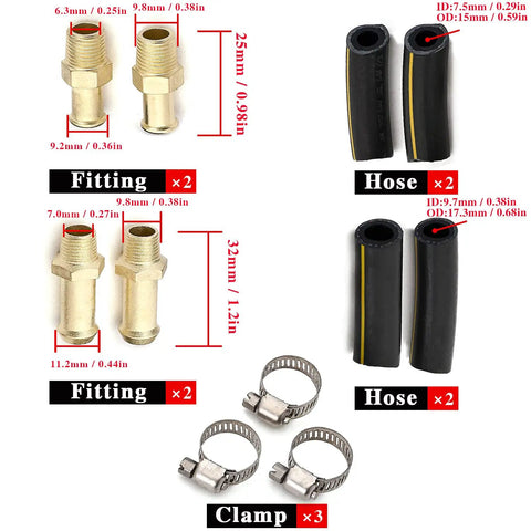 Adjustable Gunmetal Fuel Pressure Regulator Kit parts with fittings, hoses, and clamps for carburetors and engines