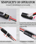 Push In Wire Connectors With Locking Buckle For 18 To 22 AWG Solid And Stranded Wires One Second Install Ideal For LED Strips Home And Automotive Wiring 10 Pack showing installation steps.