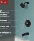 Jaida Tub And Shower Trim Kit With Restore Technology, valve and cartridge in Tuscan Bronze on turquoise tile wall