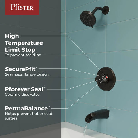 Jaida Tub And Shower Trim Kit With Restore Technology, valve and cartridge in Tuscan Bronze on turquoise tile wall