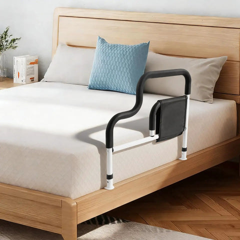 Bedside Support Handle For Seniors And Elderly, Sturdy L Shaped Bed Rail In Black, Easy Install on wooden bed frame.