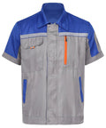 Mens Short Sleeve Mechanic Work Jacket With Reflective Safety Stripes And Heavy Duty Zipper in blue and gray with pockets.