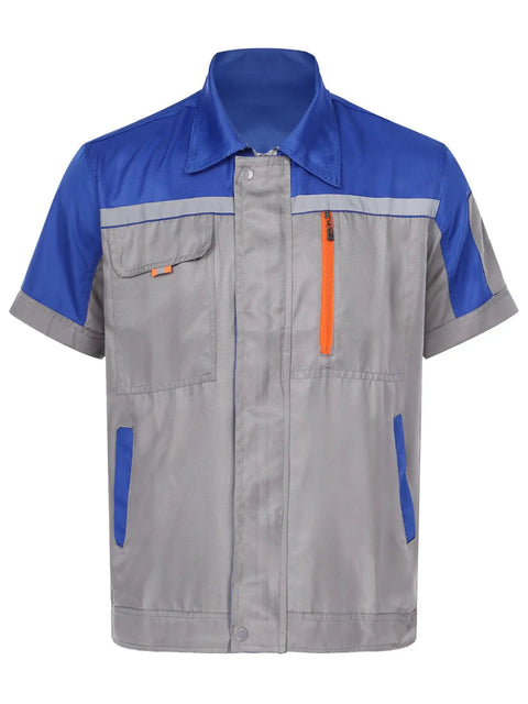 Mens Short Sleeve Mechanic Work Jacket With Reflective Safety Stripes And Heavy Duty Zipper in blue and gray with pockets.