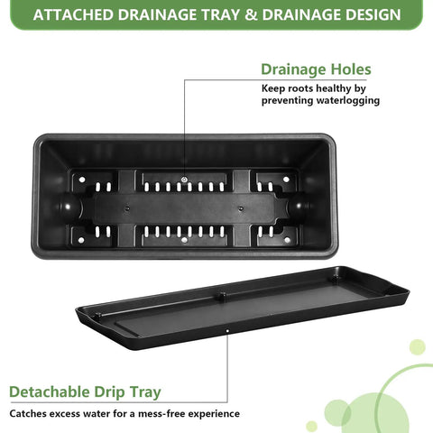 Railing Planter Box Kit 4 Pack With Adjustable Brackets 17 Inch Hanging Planters showing drainage holes and detachable tray