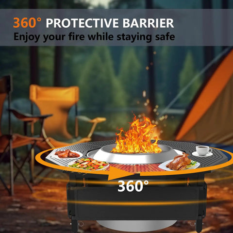 Adjustable Fire Pit Surround Tabletop For Solo Stove Bonfire Ranger Two Point Zero with coated steel and UV fabric in outdoor setting