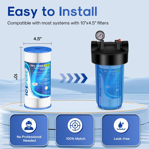 Diagram showing 20 Micron 10 Inch By 4.5 Inch Whole House Sediment Filter For Well Water with measurements and housing compatibility.