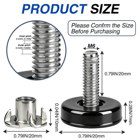 Product size details of 16 Pack Adjustable Furniture Levelers Heavy Duty Leveling Feet For Table Desk Chair Cabinet Dresser Outdoor Patio Stabilize Uneven Floors Black Includes 16 T Nuts
