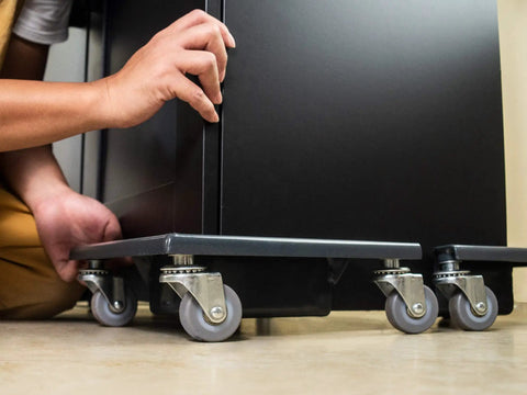 Heavy Duty Low Profile Desk Cabinet Corner Mover Dolly Set Of 4 Premium Quiet Pu Rollers With 1320 Lb Capacity industrial strength rollers under cabinet.