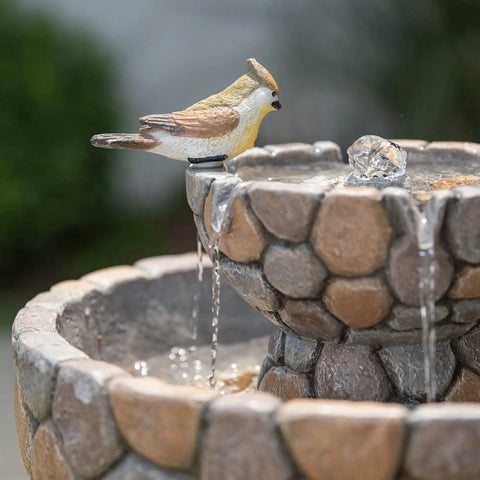 Close-up of top tier bird bath in Two Tier Stone Like Outdoor Water Fountain With Birds Bird Bath Waterfall Decor Freestanding Garden