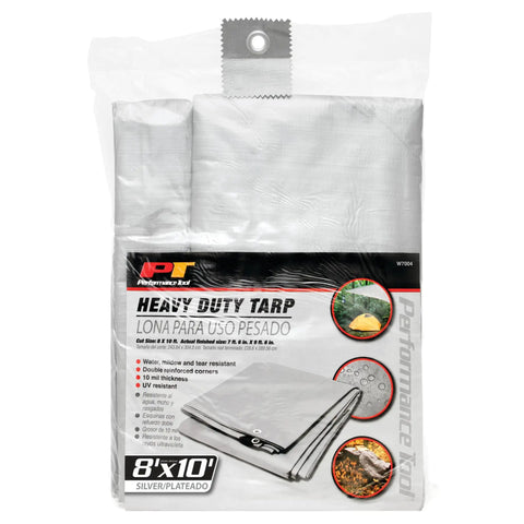 Heavy Duty Camping Tarp 8x10 Feet Weatherproof Shelter For Outdoors packaging with folded silver tarp