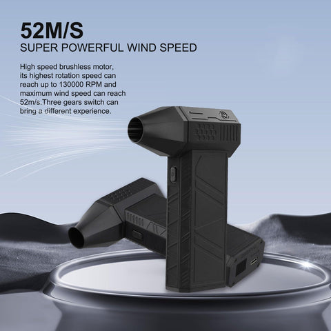 Upgraded Turbocharged Brushless Turbine Fan With Mini Turbo Design shown with airflow speed of 52 meters per second.