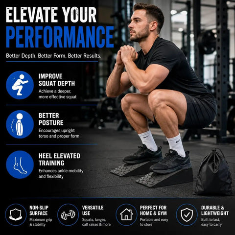 Athlete using 2 Pack Premium Heel Elevated Squat Wedges With Non Slip Grip for deep squats in gym, enhancing ankle mobility.