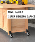Smooth Rollin Heavy Duty Workbench Casters Kit With Four Polyurethane Wheels And Kick Step Lift Riser, sturdy caster attached to wooden workbench.