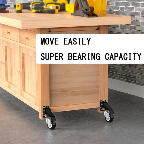 Smooth Rollin Heavy Duty Workbench Casters Kit With Four Polyurethane Wheels And Kick Step Lift Riser, sturdy caster attached to wooden workbench.
