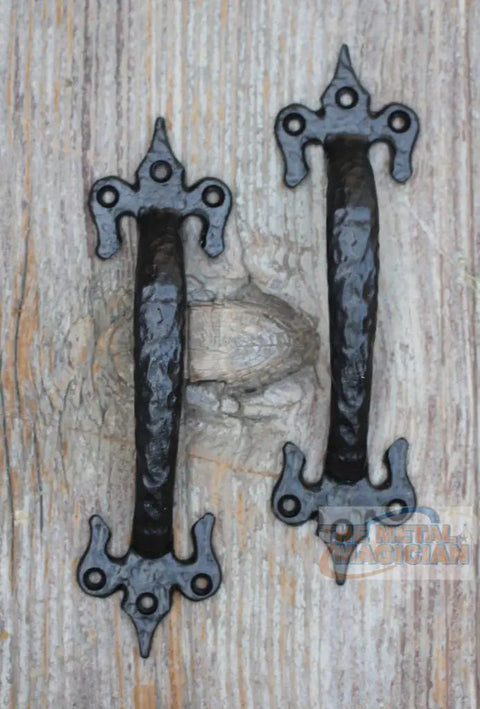 7 Inch Barn Door Handles Pack Of 2 Black Cast Iron Rustic Hardware FDL Design mounted on wooden board