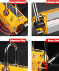 Heavy Duty Permanent Magnetic Lifter Bulletproof Grip For Hoists And Shop Cranes Snappy Flip Lever showing powerful magnet, galvanized ring, rotary switch, U-shaped groove.