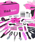 Pink 205-piece tool kit for gals with USB electric screwdriver, drill adapter, universal socket tools, and storage bag visible